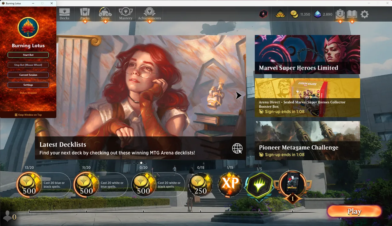 Burning Lotus bot interface with Start Bot, Stop Bot, Current Session, and Settings buttons