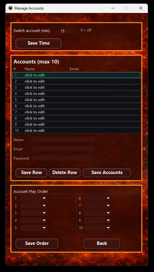 Manage Accounts window showing timer, account list, and order configuration