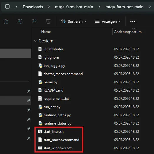 Extracted bot folder with the start_windows.bat, start_macos.command, and start_linux.sh files highlighted